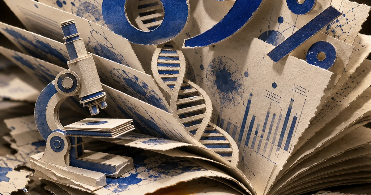 Layered paper-cut diorama of an open scientific journal with a microscope, DNA helix, and a large indigo 89% numeral cut from paper, evoking a study on AI-written biomedical research.