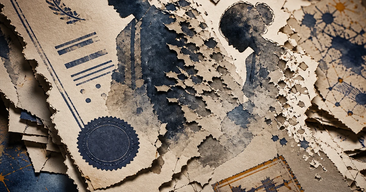Torn paper diorama of a diploma dissolving into ghostly silhouettes with a blank official seal, ink-on-paper style