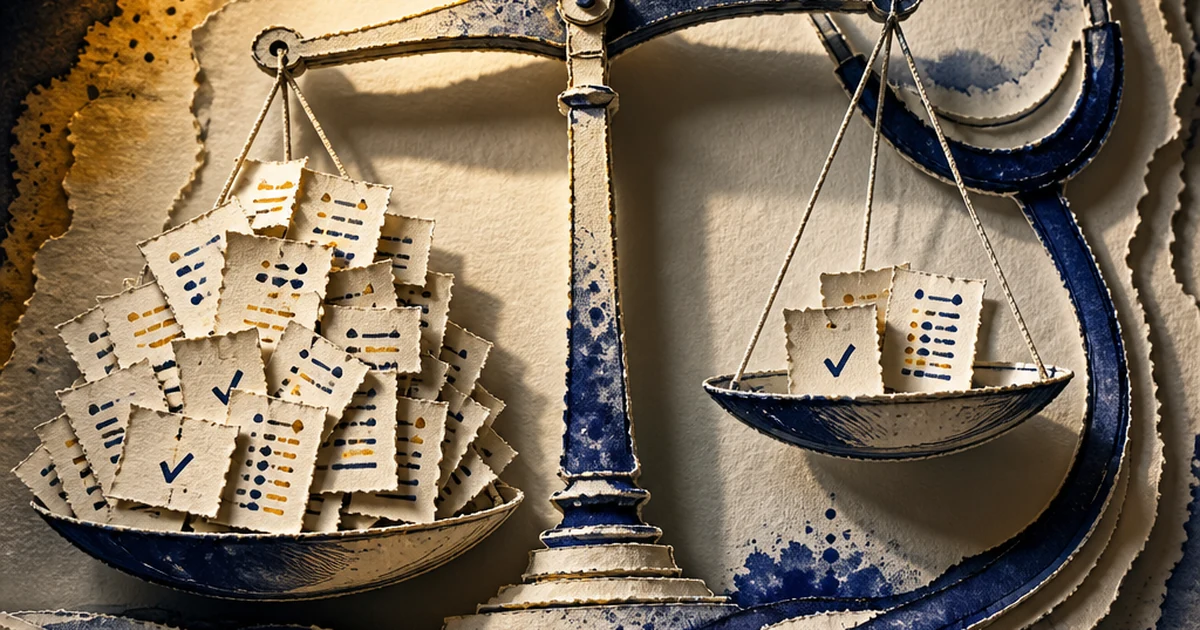 Paper-cut diorama of an old-fashioned balance scale, one side piled high with torn-paper documents marked false accusations, the other side holding just a few correctly flagged documents, indigo and amber ink-wash bleeds