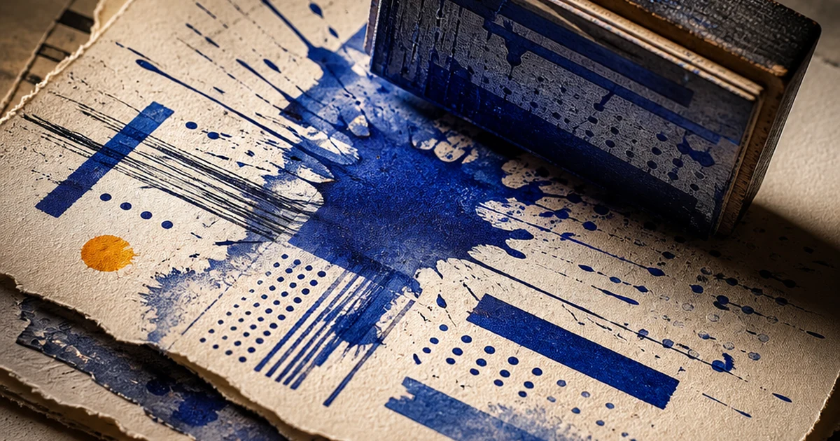 Ink-wash illustration of a single typewritten page pinned beneath a giant rubber stamp mid-strike, ink splattering outward, symbolizing a detector's verdict landing on human-written text