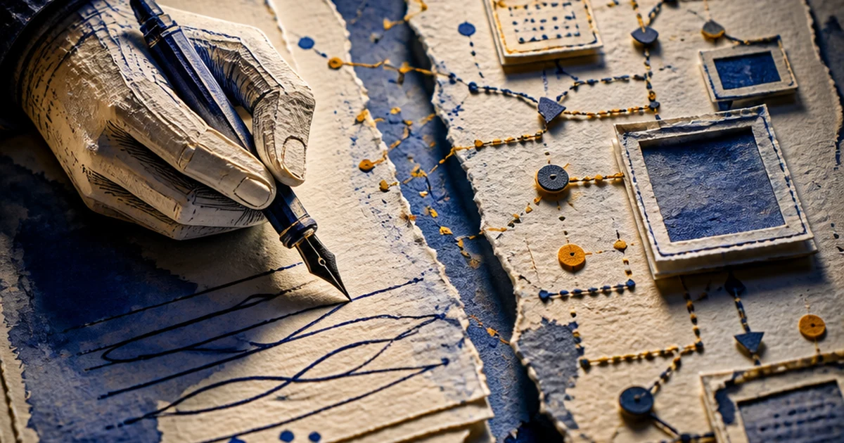 Paper-cut diorama of a hand writing with a fountain pen beside a layered outline diagram of connected boxes, split by an indigo spotlight, illustrating the gap between prose and idea provenance in AI detection
