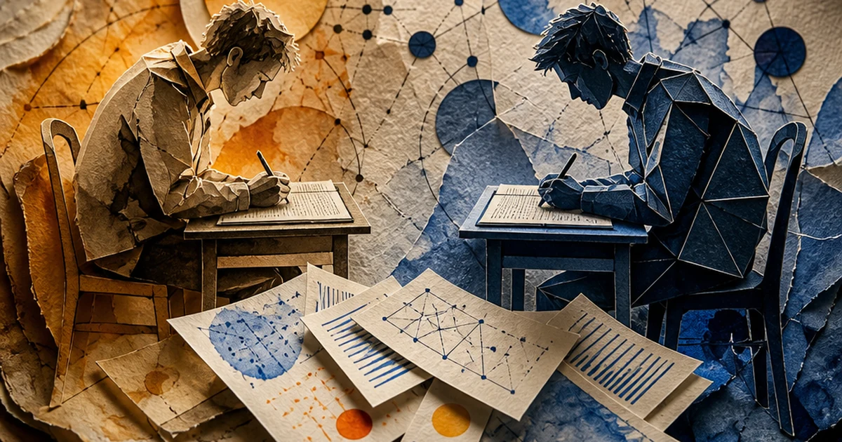 Paper-cut diorama of a document splitting into two voices under ink-wash spotlight, one plain and one mimicking a specific handwriting style