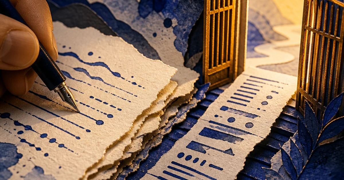 Ink-on-paper paper-cut diorama of a hand carefully retracing manuscript ink lines while a second, machine-marked page slips past unnoticed through an open amber gate