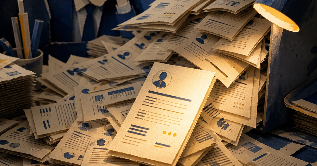 A paper-cut diorama of a recruiter's desk buried under a landslide of identical resumes under an ink-wash spotlight