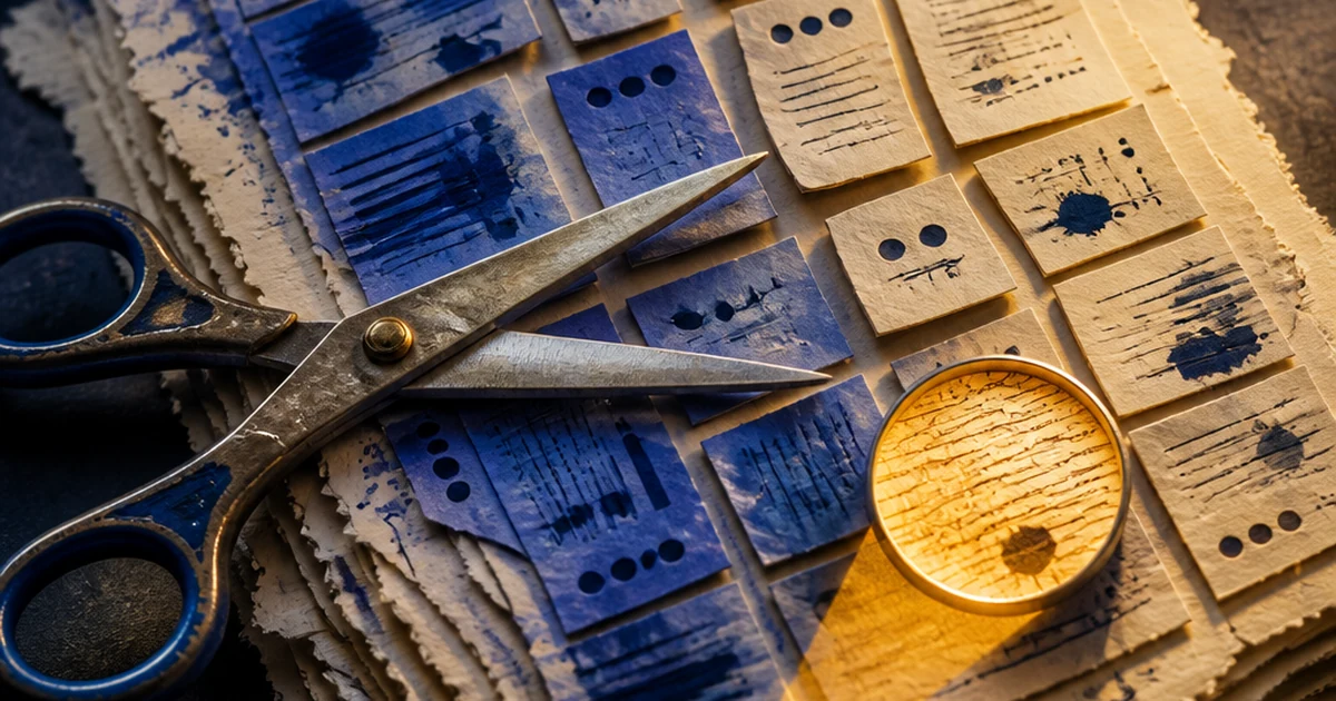 A layered paper-cut diorama of a document sliced into small chunks, half glowing indigo as AI-flagged and half left cream as human, with scissors and an amber magnifying spotlight revealing hidden texture in one chunk.