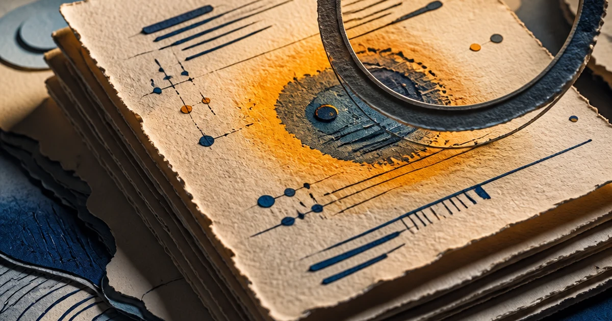 Layered paper-cut diorama of a manuscript stack under a spotlight with a metal lens ring hovering above a flagged, ink-wash-marked page