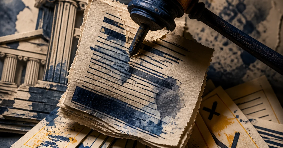 A torn legal brief document pierced by a gavel, with X-marked case-citation cards scattered below and paper-cut courthouse columns in the background, in ink-on-paper diorama style