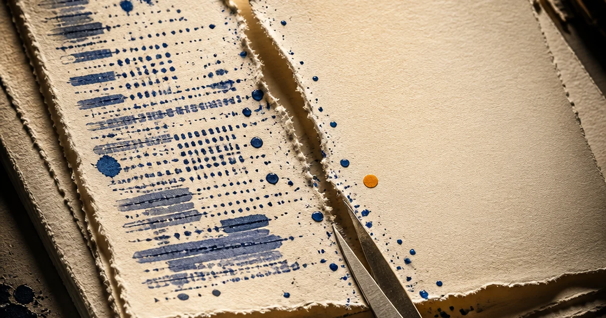 A layered paper-cut diorama of a torn sheet split into two halves, one covered in dense indigo ink marks representing AI-generated text and the other left blank cream paper, with scissors cutting along the tear.