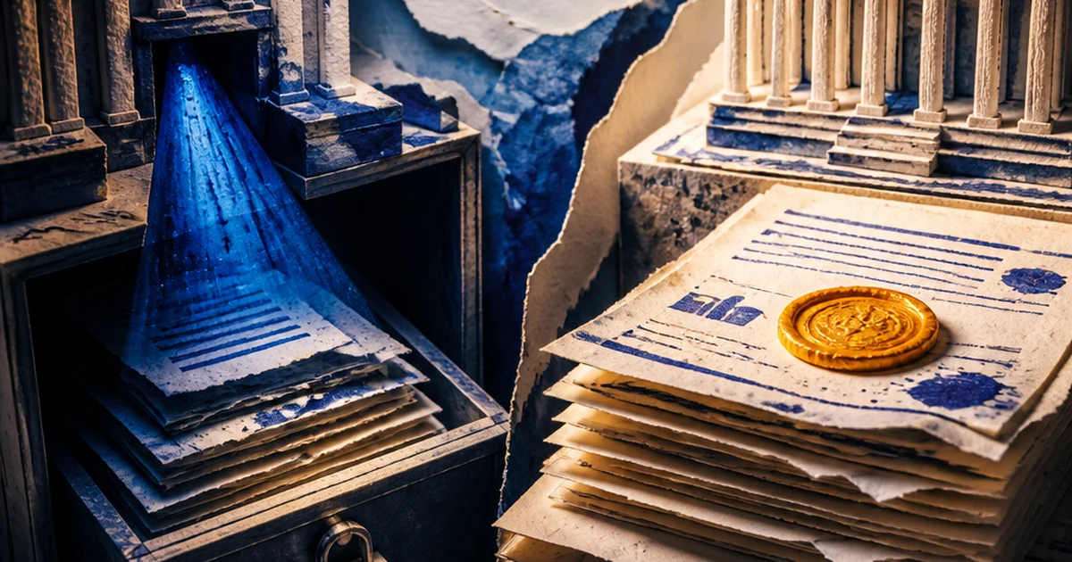 Paper-cut diorama of two government office towers: one with grant documents hidden in a locked drawer under an indigo spotlight, the other with an identical stack open in full light bearing an amber wax seal