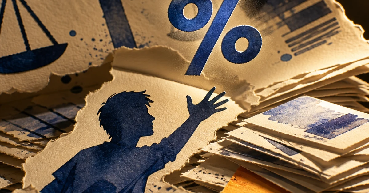 Paper-cut diorama of scales of justice, a large indigo percentage symbol, and a student silhouette reaching toward a stack of case files, ink-wash style