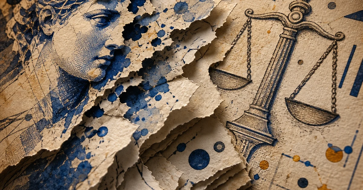 Paper-cut diorama of a torn illustration dissolving into abstract ink-wash fragments beside a stamped scale-of-justice motif, indigo and amber palette