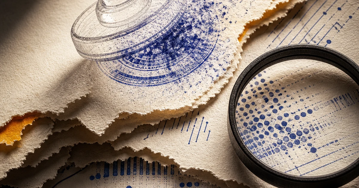 Layered paper-cut diorama of an invisible ink stamp fading between torn paper sheets, indigo and amber ink-wash light