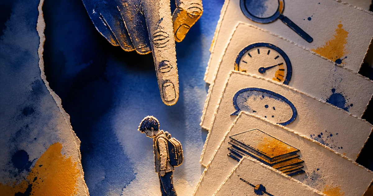 Paper-cut diorama of an accusing finger pointing at a small student figure, surrounded by a fanned stack of identical paper icon cards representing the five 'verification' methods
