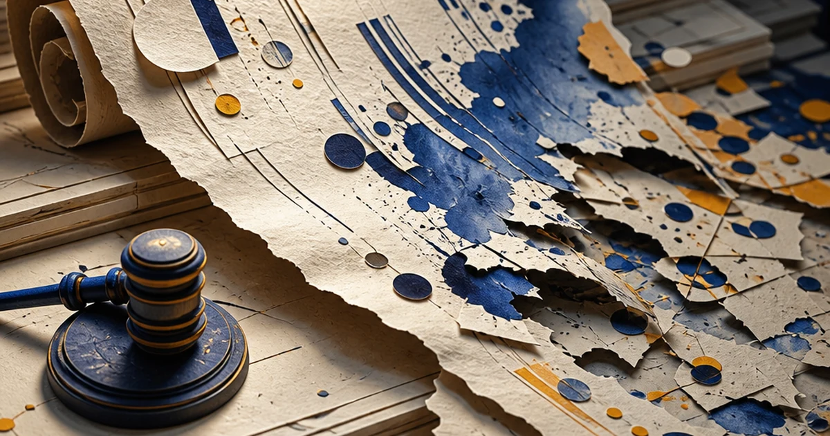 Torn ceremonial parchment scroll with paper-cut AI-detection marker words scattering into abstract indigo and amber ink-wash marks beside a gavel, ink-on-paper diorama style