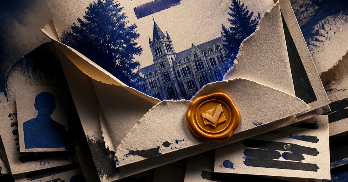 Paper-cut diorama of a torn university campus letter unfurling with redacted student ID silhouettes beneath it, sealed with an amber wax checkmark stamp under indigo spotlight