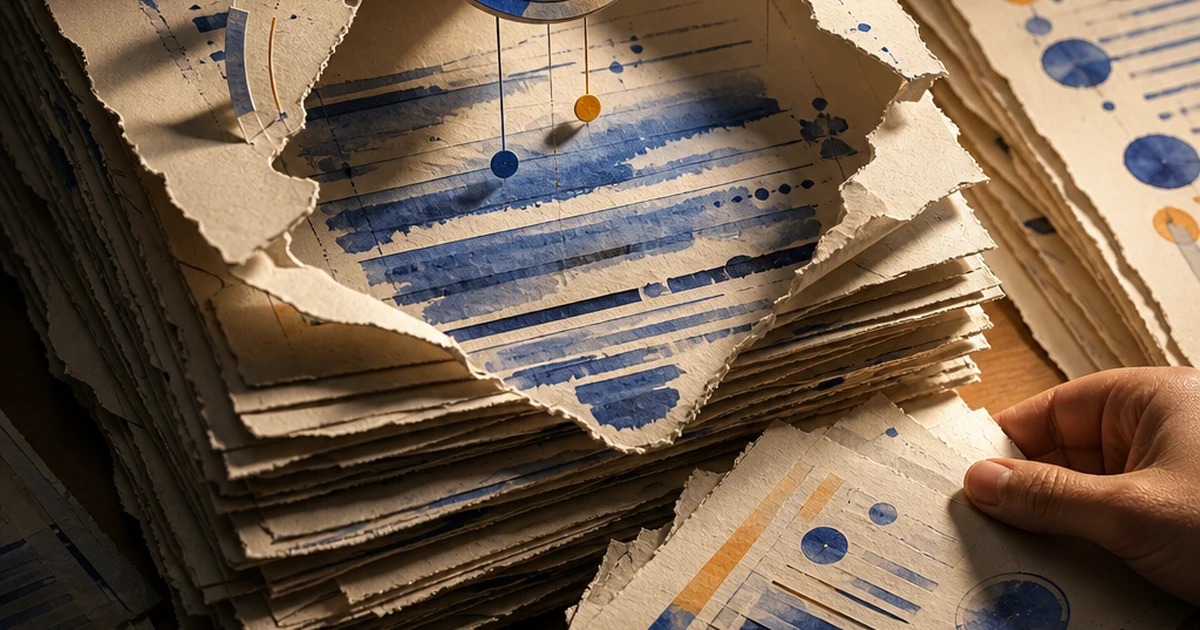 A layered paper-cut diorama of a teacher's desk with stacks of torn student essay pages and a floating probability dial, comparing current and older drafts