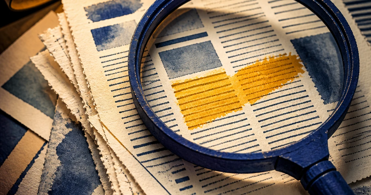 Layered paper-cut diorama of torn newspaper opinion-page proofs under an indigo magnifying glass with an amber highlight mark, ink-wash newsprint texture