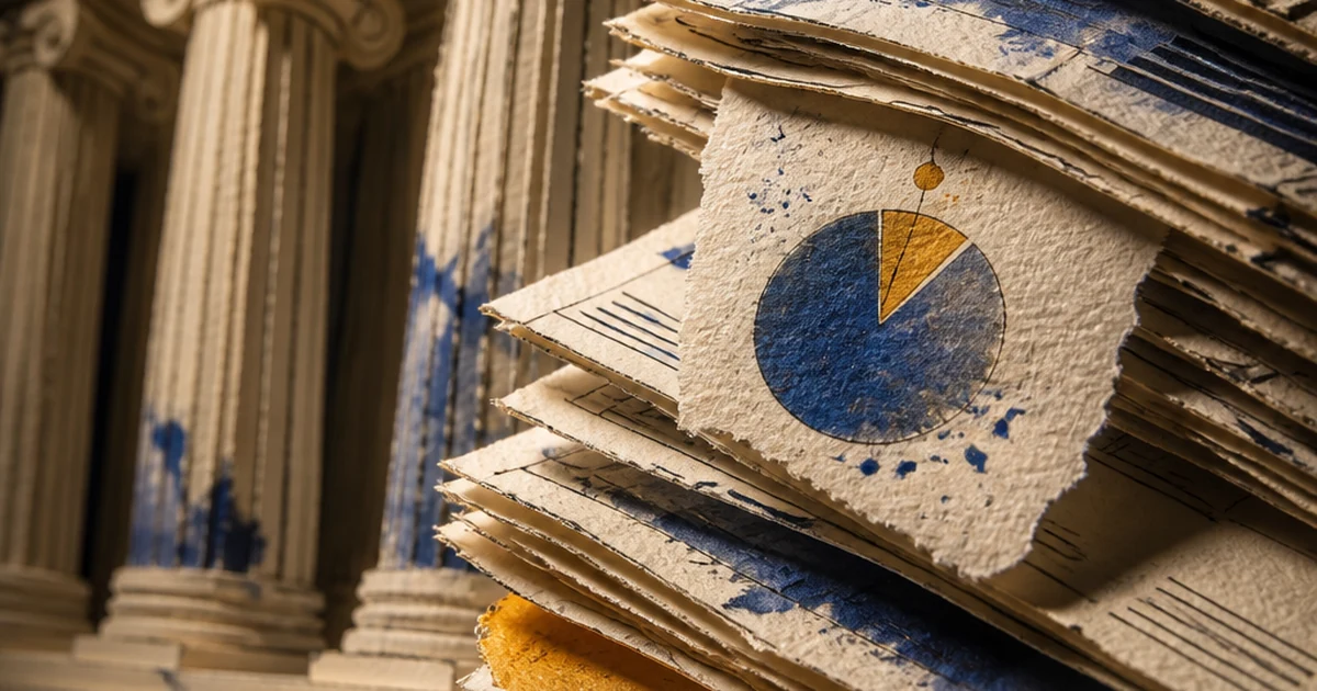 Layered paper-cut diorama of courthouse columns and a stack of case files, with a small torn scrap showing a percentage score, ink-wash bleeds in indigo and amber
