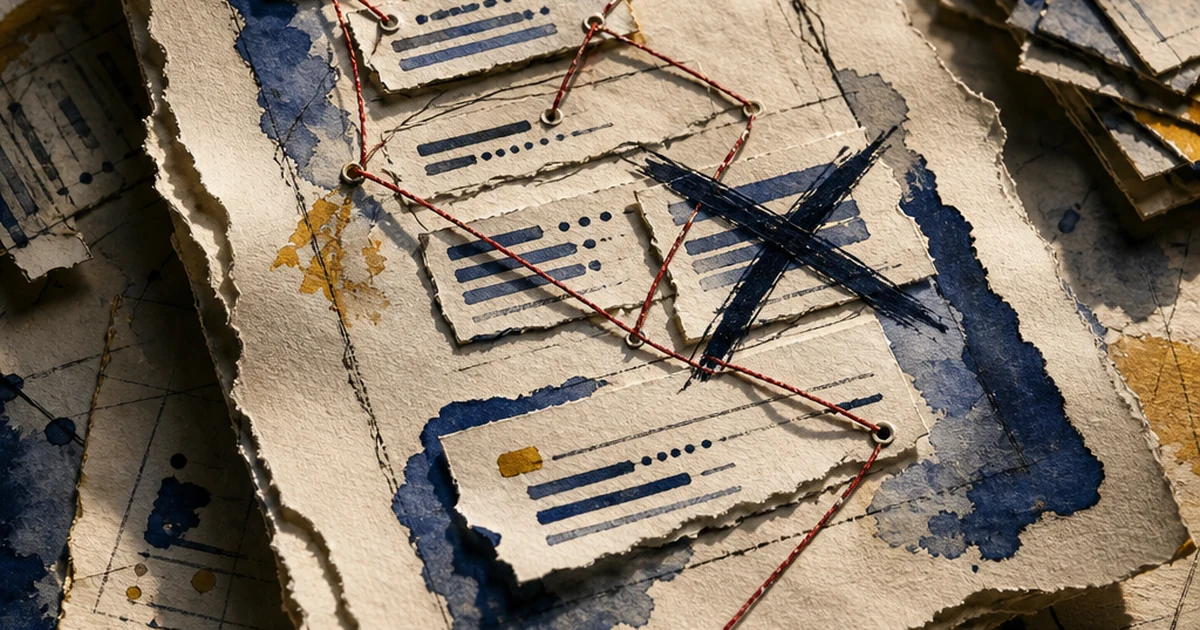 Paper-cut diorama of a torn academic bibliography page with mismatched citation entries, one crossed out in bold indigo ink, tangled red thread connecting broken references, amber stain accents
