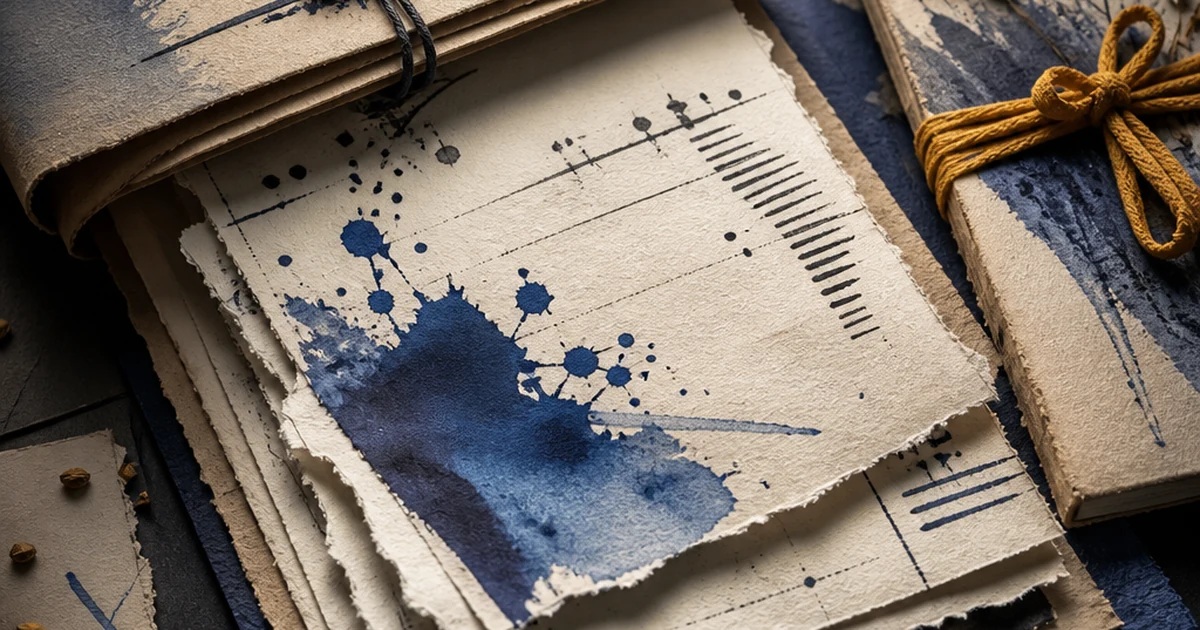 Torn manuscript page with an indigo ink-wash bleed beside an amber ribbon-tied dossier folder, layered paper-cut illustration