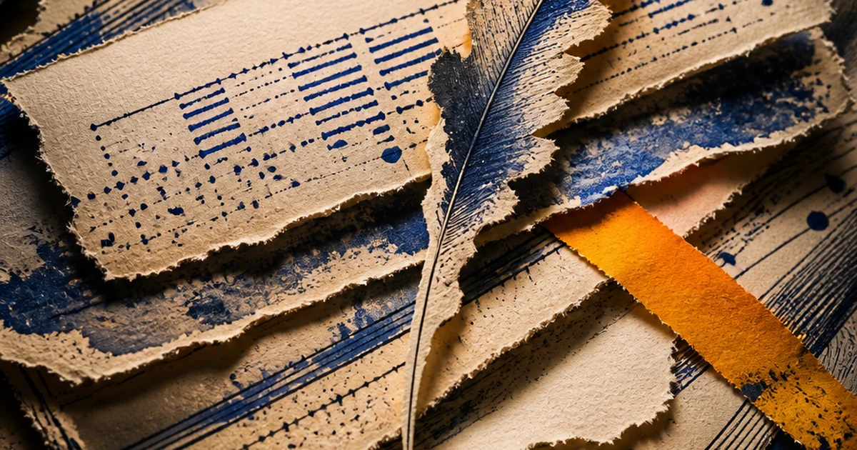 Layered paper-cut diorama of a torn manuscript page beneath scattered scan-line ink marks and a quill, indigo and amber tones, symbolizing an unverified AI-detector claim against a literary work