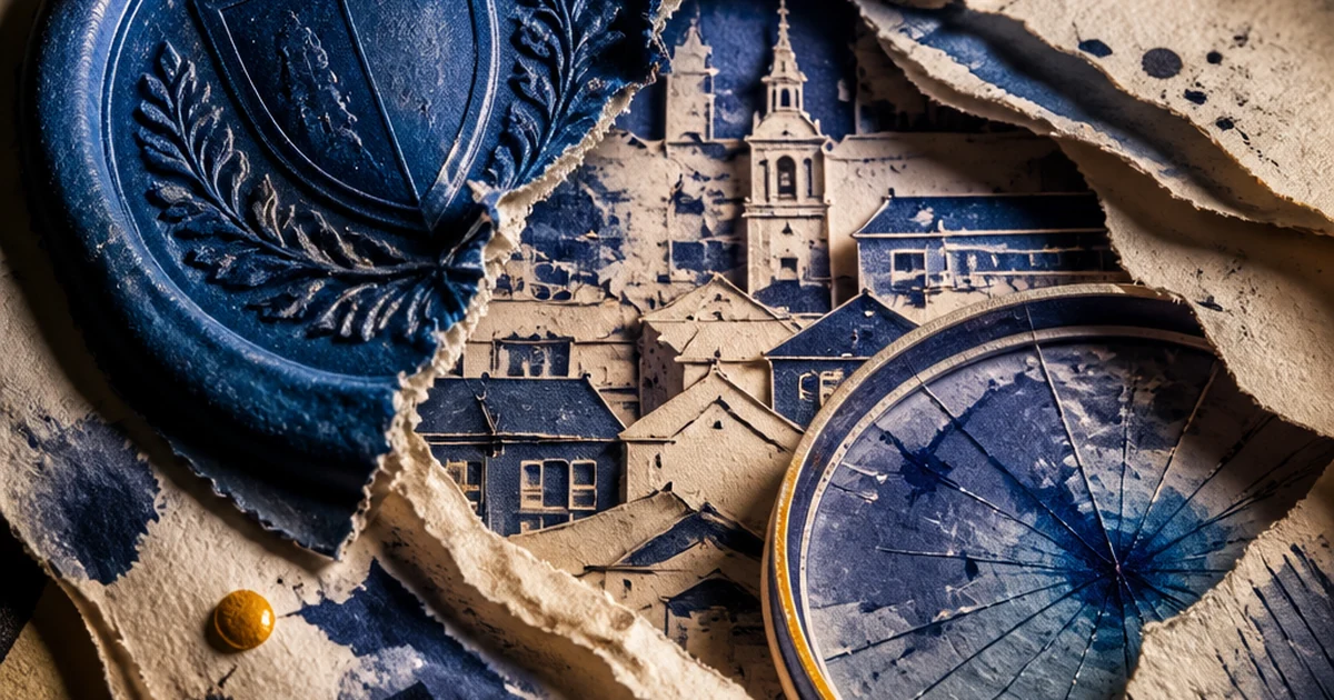 A torn Harvard wax seal peeling away from a paper-cut campus skyline beside a cracked lens fragment, indigo ink-wash diorama