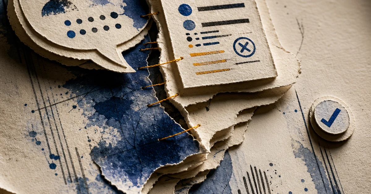 Layered paper-cut diorama: a torn manuscript dissolving into an oral-exam speech bubble and revision-mark document on one side, a small indigo checkmark stamp set off to the side on the other, connected by an amber thread.