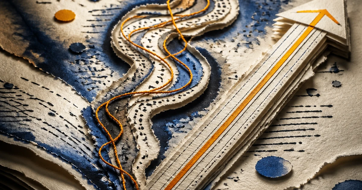 Layered paper-cut diorama of a torn manuscript splitting into a tangled thread path and a rigid straight arrow, representing human versus AI narrative structure