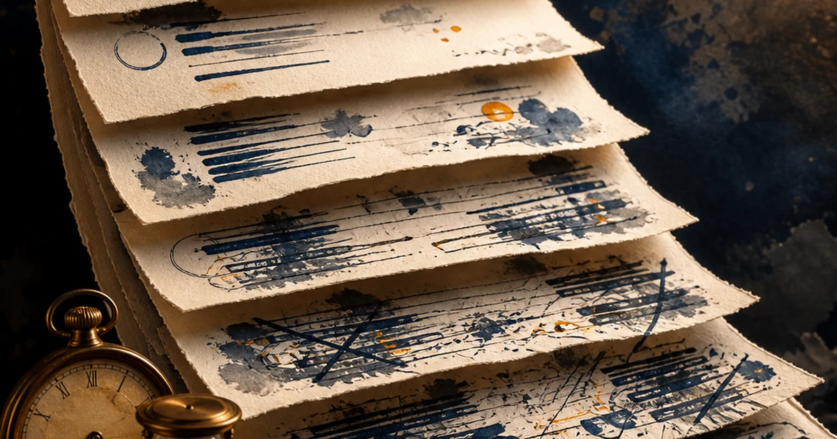 A layered paper-cut diorama of a document unfolding through stacked draft pages, showing a writing process building up in stages