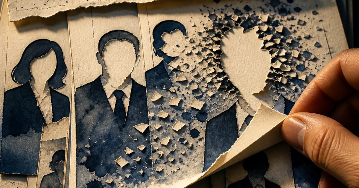 Layered paper-cut diorama of staff photo silhouettes dissolving into scissor-cut fragments, one corner peeled back like a mask, in indigo ink-wash style