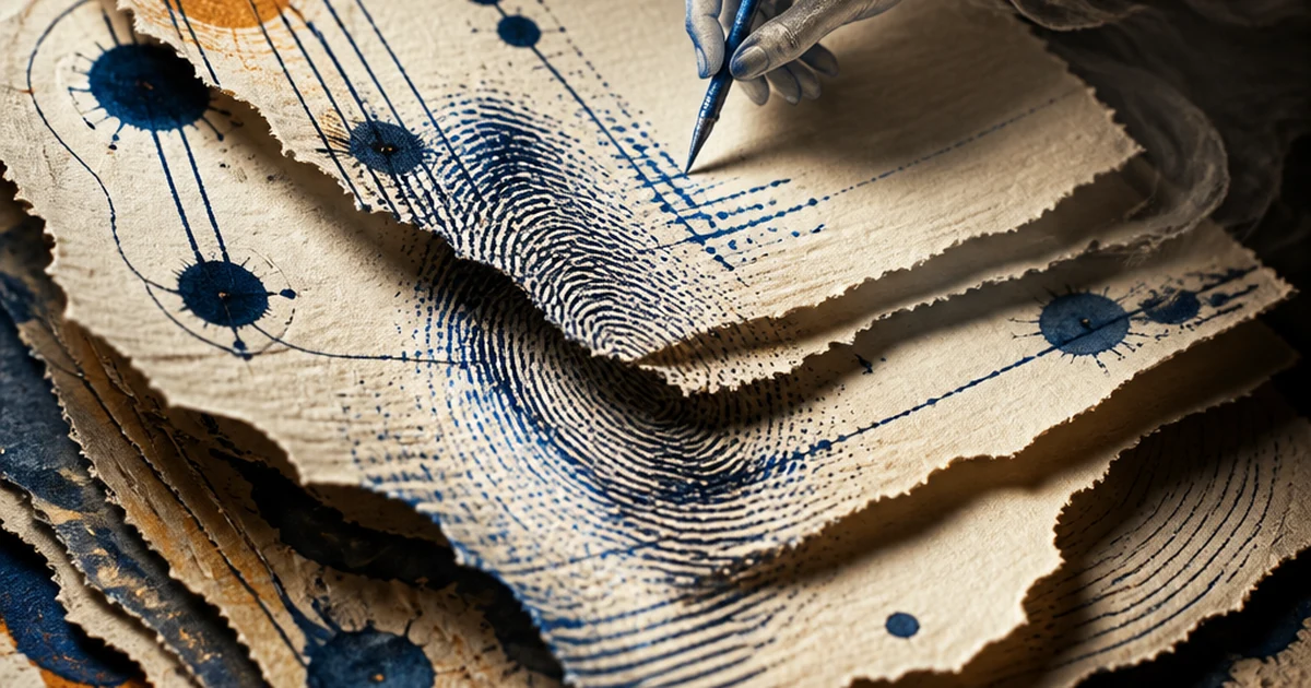 A layered paper-cut diorama of a torn manuscript page with a ghostly hand adding a second ink fingerprint over the first, in indigo and amber, illustrating a second AI model's fingerprint stacking on top of the original.