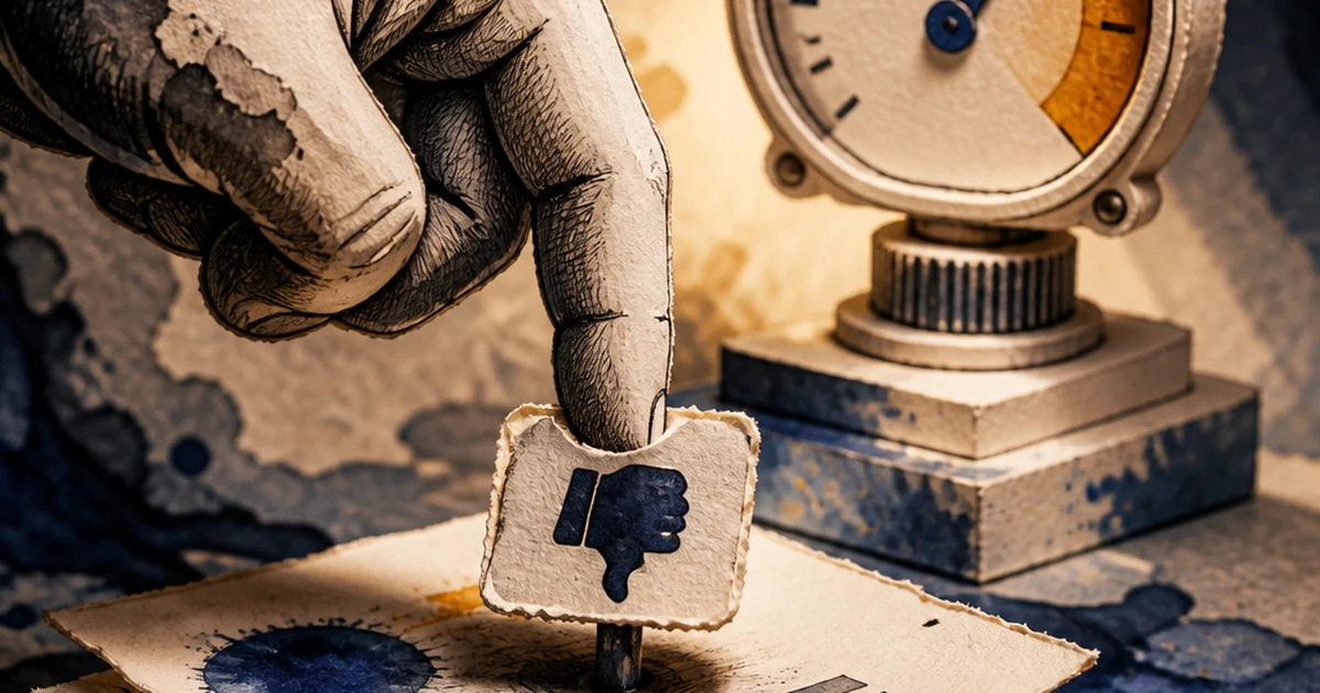 Paper-cut illustration of a hand pressing a crude thumbs-down flag button beside a precise calibrated gauge, symbolizing a crowd vote versus a real AI detector