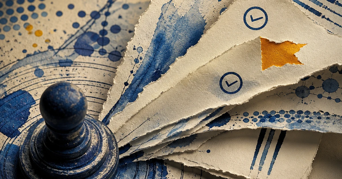 Layered paper-cut diorama of fanned scientific manuscript pages marked with indigo checkmark stamps and a torn amber flag, beside a factory stamp icon, ink-wash data-dot clusters in the background