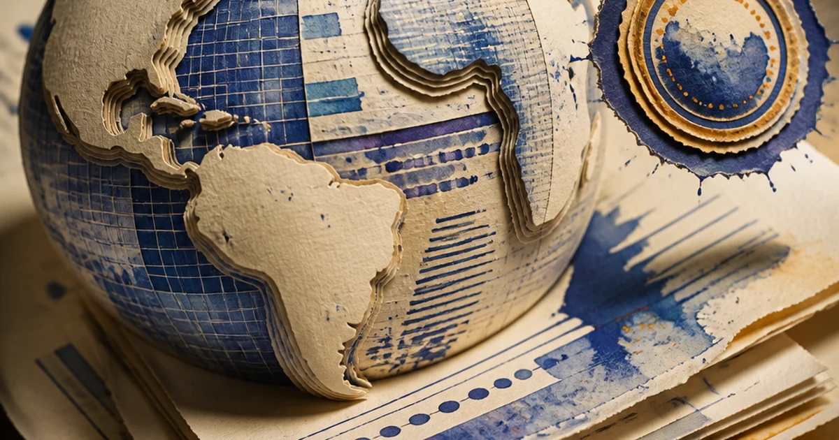 Paper-cut diorama of a globe made of layered web-page sheets, a portion tinted with an ink-wash grid pattern to represent AI-authored content, beside an abstract circular seal