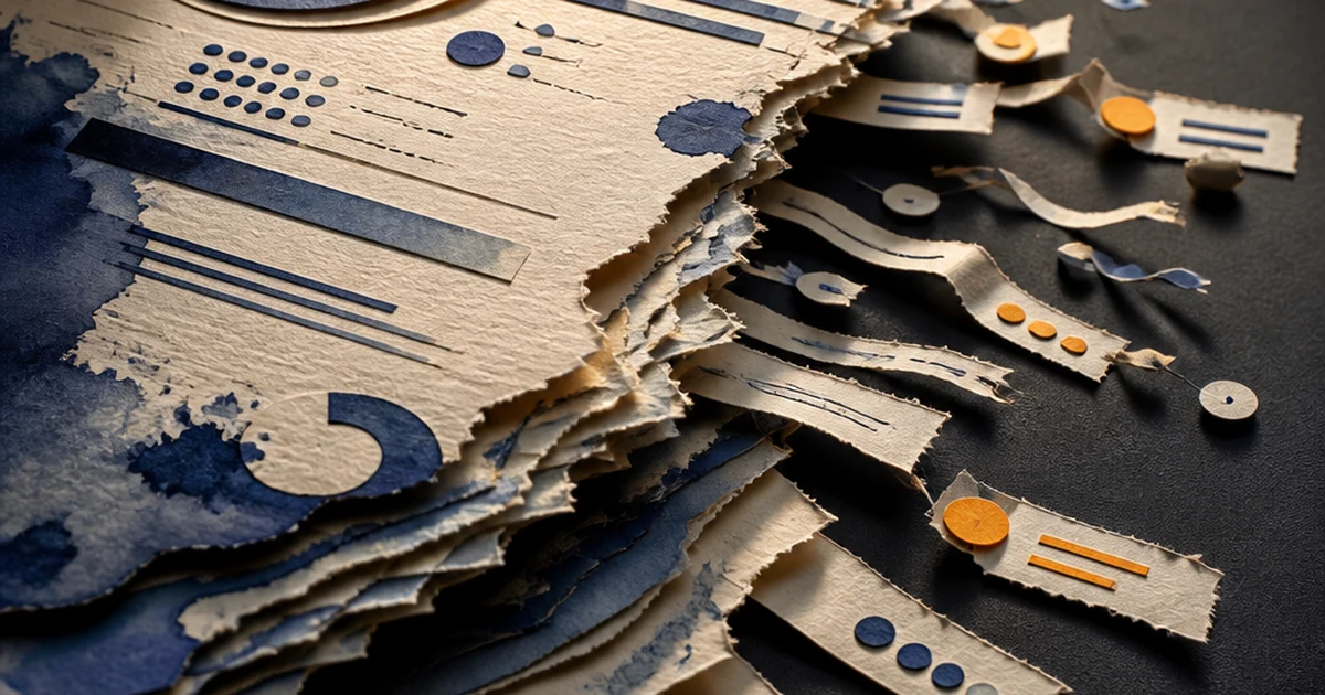 Layered paper-cut diorama of a torn corporate report with loose footnote strips and broken citation marks scattering off the edge, indigo ink-wash bleeding across the page, amber accents on isolated fragments