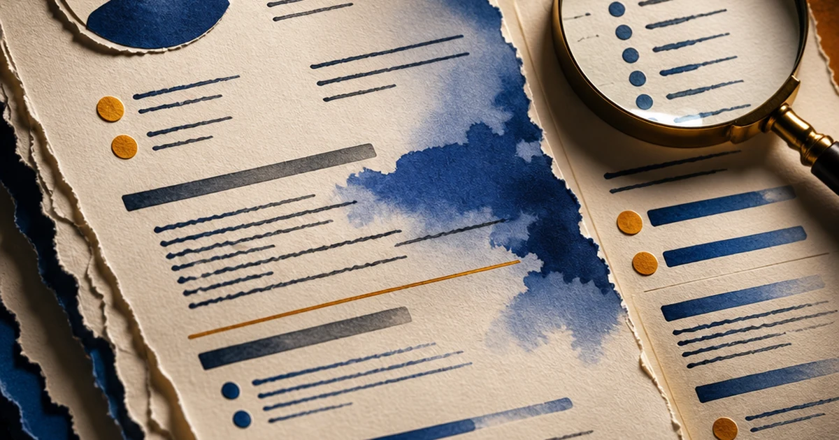 Paper-cut diorama of a resume document under a magnifying spotlight, layered ink-wash job-application stack, indigo and amber palette