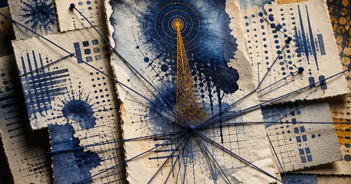 Ink-on-paper illustration of layered paper fragments connected by indigo threads radiating from an amber broadcast antenna, evoking a state-media evidence trail