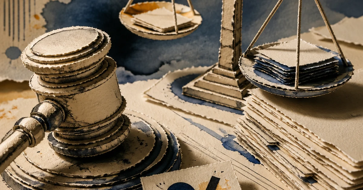 Paper-cut diorama of a gavel and a tipping scale of justice weighing a stack of blank documents against a single card, ink-wash indigo and amber style