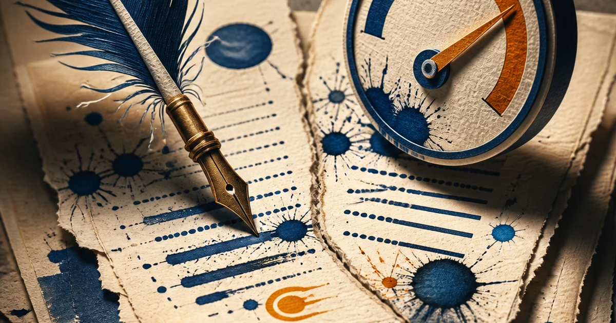 Paper-cut illustration of a quill pen writing beside a percentage gauge dial, both marked with ink splatters on torn paper, symbolizing human writing versus an AI detection score