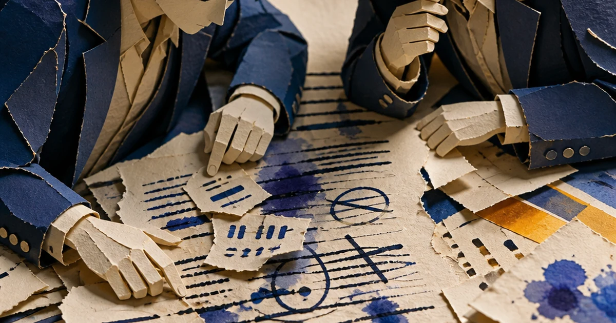 Paper-cut illustration of two professors examining a torn document covered in ink-wash marks and circled passages, symbolizing a content-level fact-check of an AI-flagged column