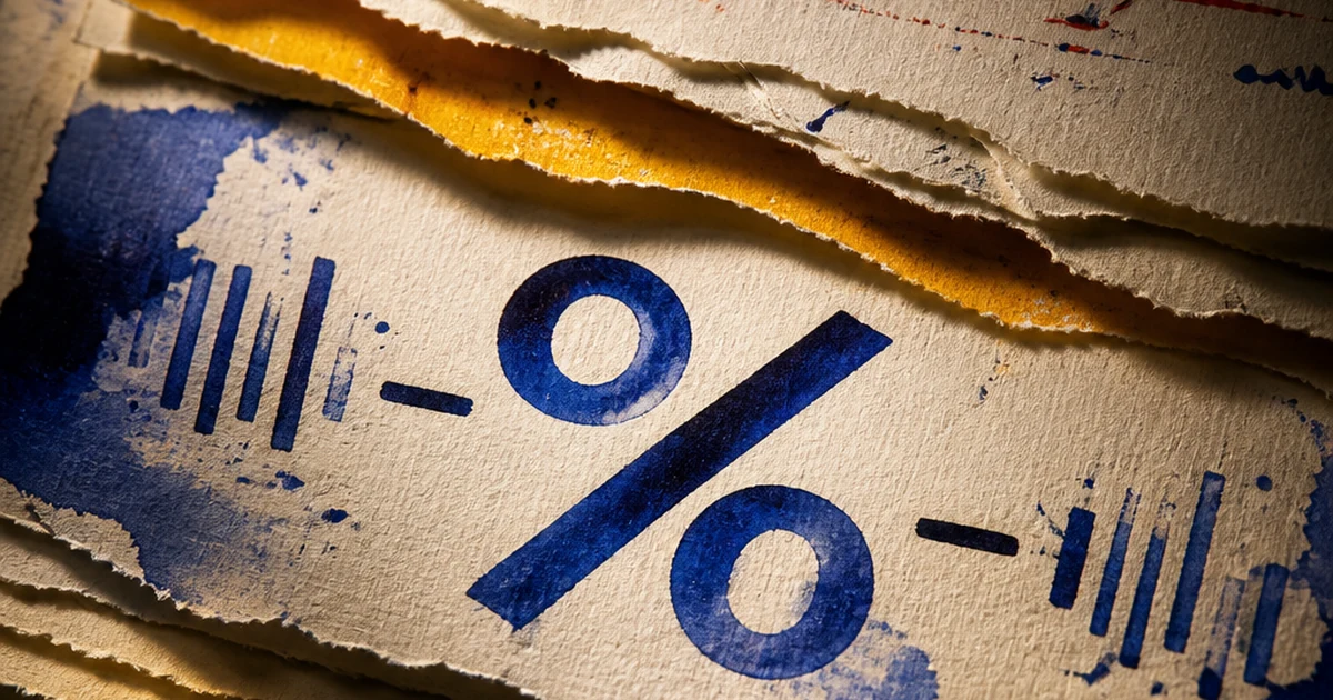 A torn paper-cut diorama showing an indigo percentage symbol flanked by abstract plus-minus tick marks on layered cream paper with an amber torn edge