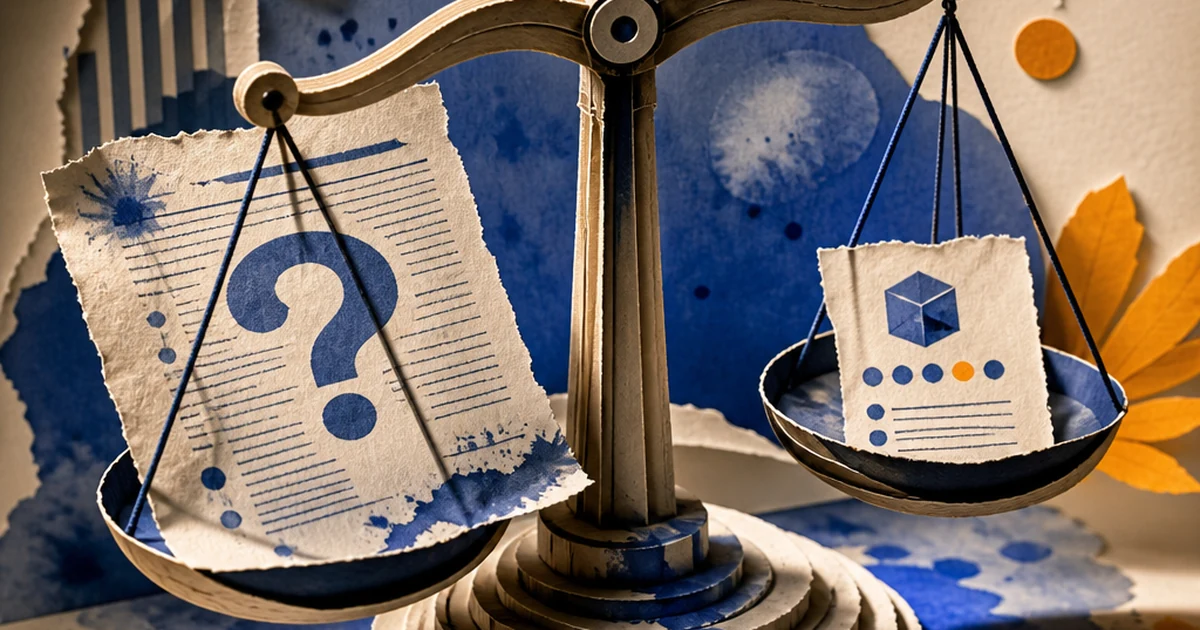 A layered paper-cut diorama of a weighing scale balancing a torn official document stamped with a large indigo question mark against a small casual product-listing scrap, ink-wash bleeds, indigo and amber palette