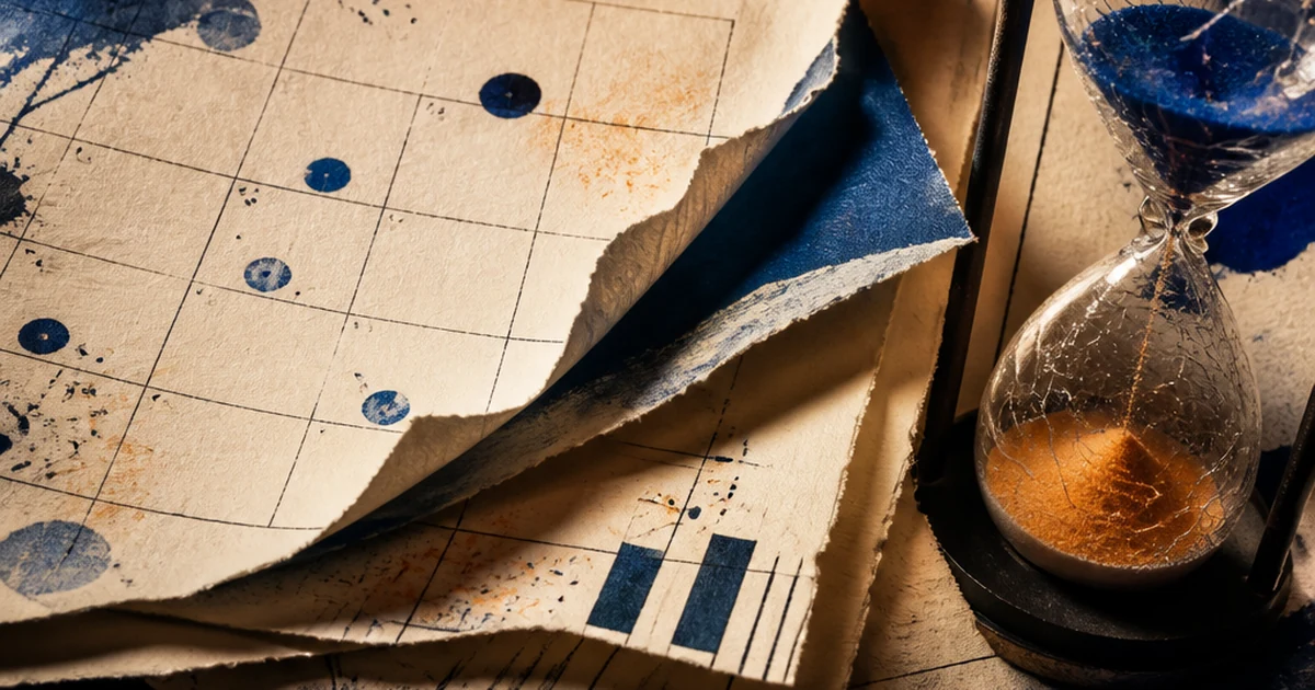 A torn, grid-lined calendar page curling at the edge beside a cracked hourglass with amber sand, in layered ink-on-paper paper-cut style