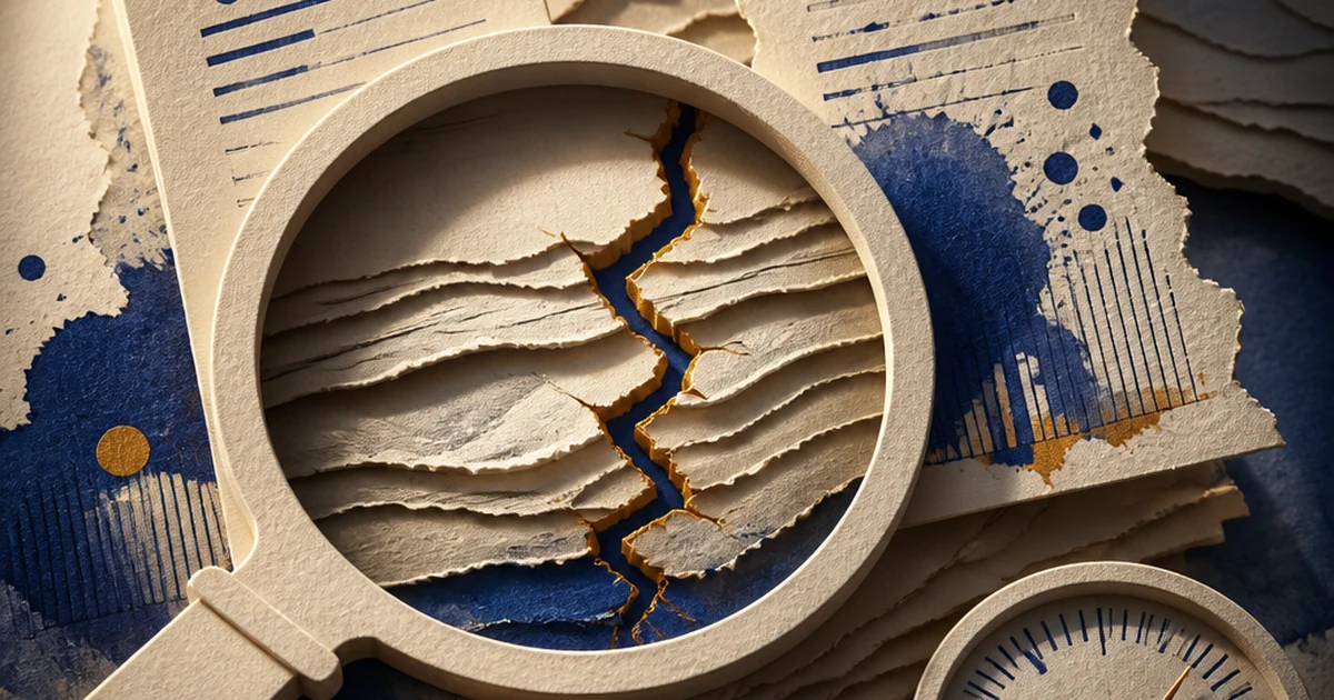 Paper-cut illustration of a magnifying glass revealing a hidden fault line running through layered paper, symbolizing how ordinary text variation can slip past an AI detector