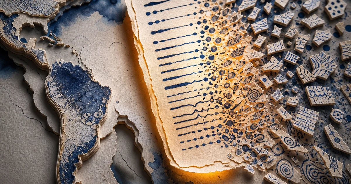 A layered paper-cut diorama of a fracturing world map dissolving into scattered language script fragments, ink-wash bleeds in indigo and amber