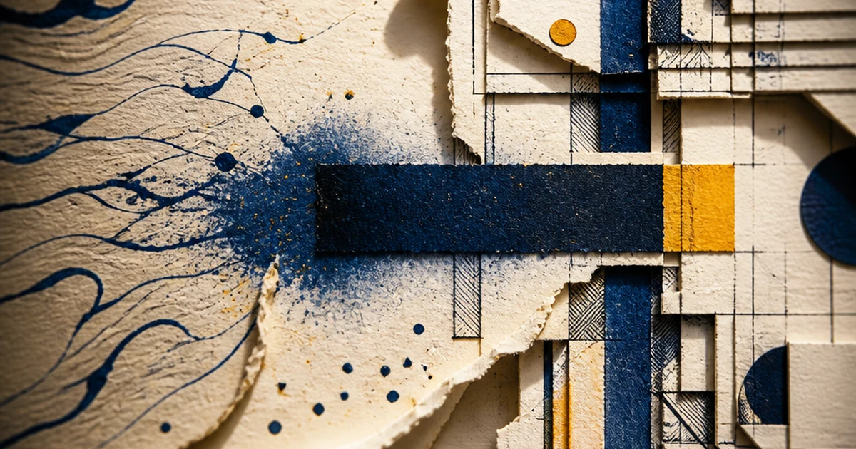 A torn cream paper diorama where flowing indigo ink lines snap into rigid architectural grid lines, bridged by a bold indigo em-dash-shaped bar with an amber accent block.