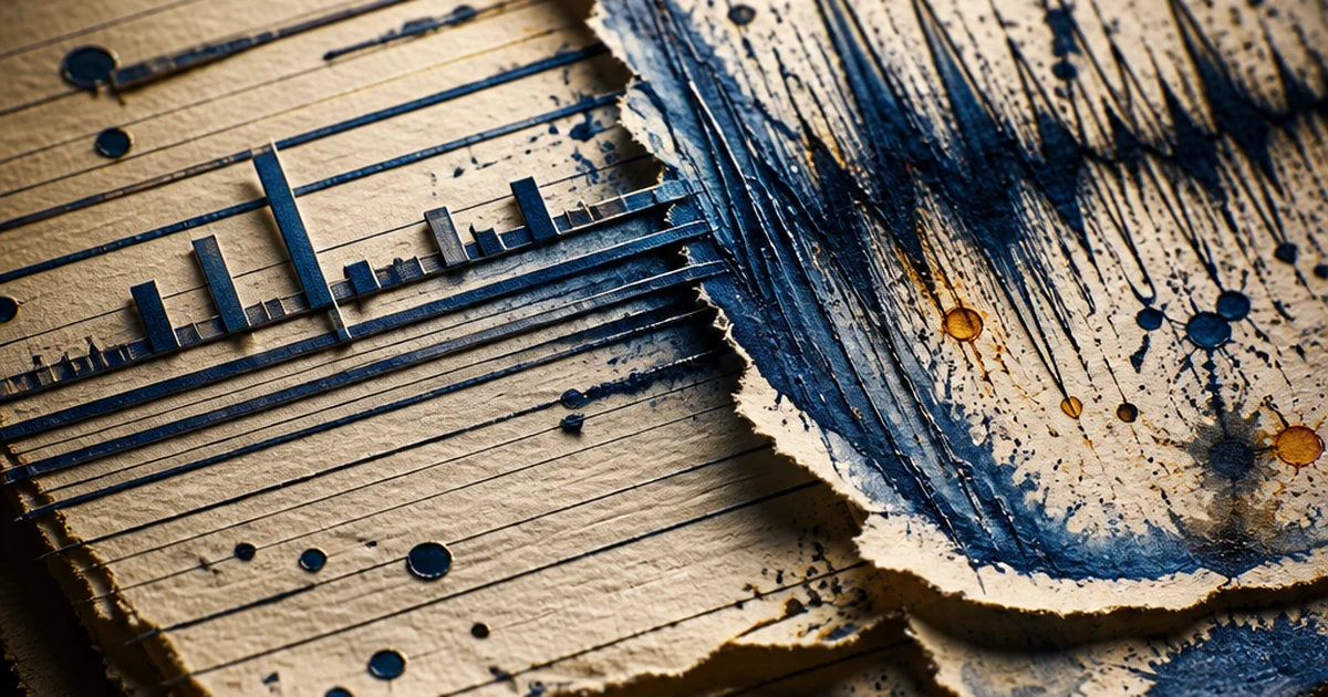 Torn ink-on-paper diorama showing a flat, steady waveform of ink lines on one side splitting into a bursty, spiking splatter of ink on the other, representing AI writing rhythm versus human writing rhythm