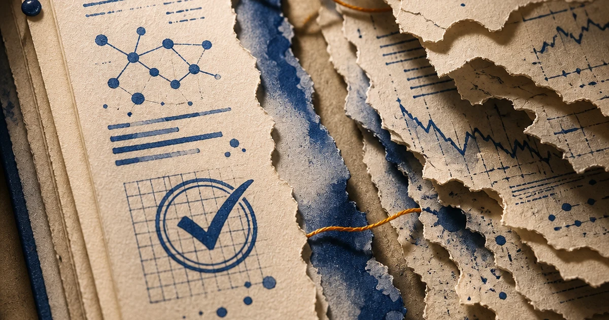 Paper-cut diorama of a torn manuscript page splitting into a clean checkmark path and a jagged, blurred path, illustrating a detector's accuracy breaking down under paraphrasing
