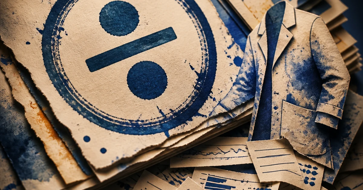 Layered paper-cut diorama of a torn academic manuscript beneath a giant ink-wash percentage stamp, a scientist's lab coat silhouette, and scattered citation-slip fragments in indigo and cream